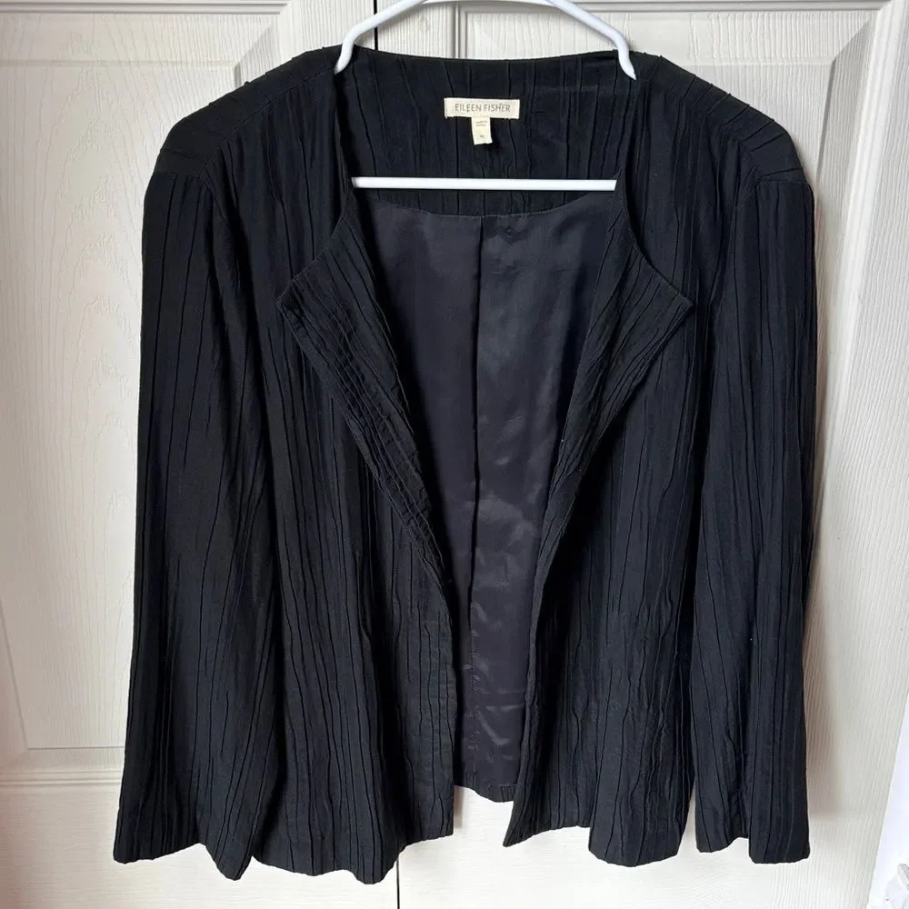 Eileen Fisher crinkle silk textured open Black blazer suit jacket Women MED EUC